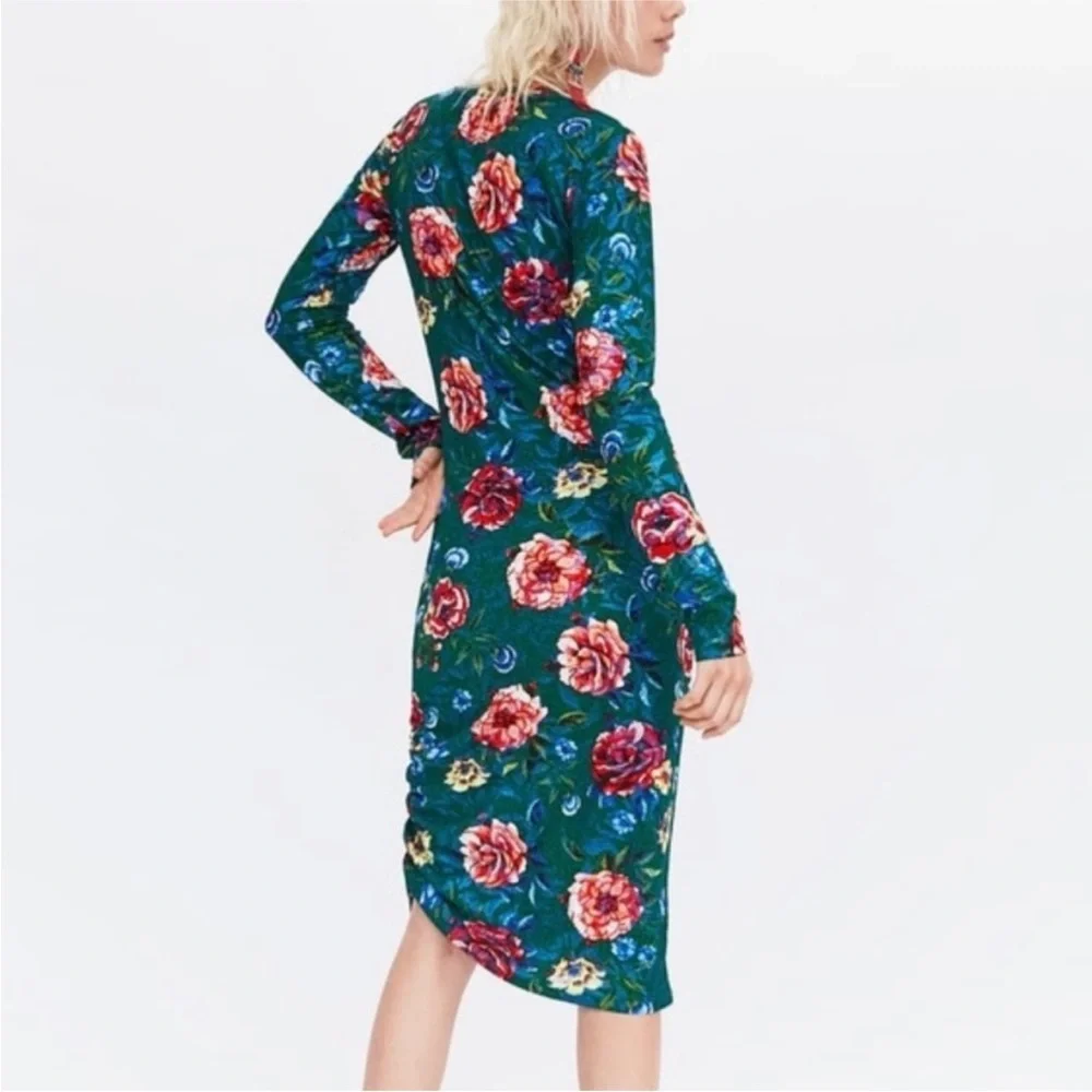 Zara Trafulac Bodycon Side Ruched Green Floral Long Sleeve Midi Dress Sz S - Picture 10 of 11